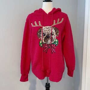 Fred Meyer Red Sherpa Hoodie Sequin Dog Reindeer Antlers NWT Womens L